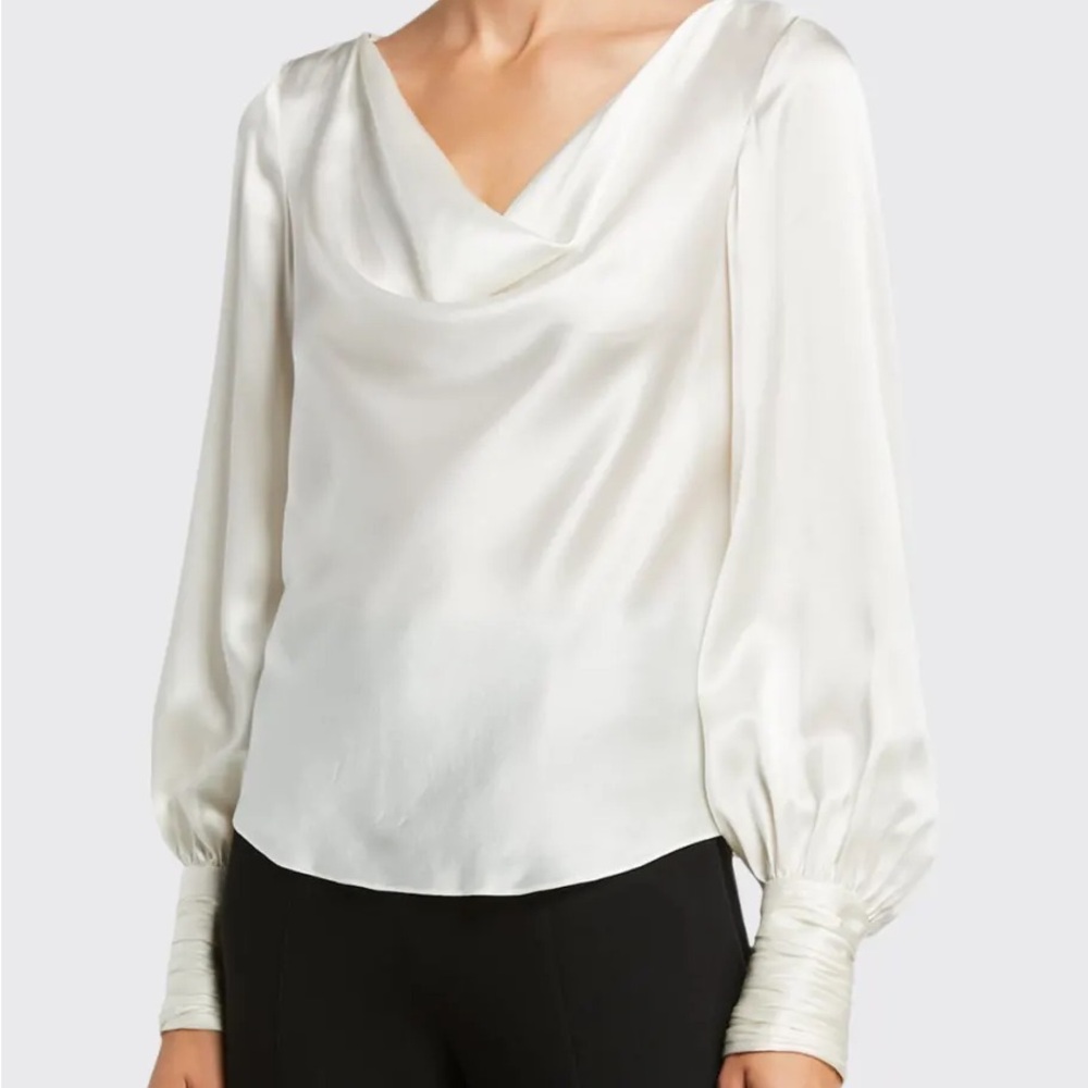 $365 Sz XS Cinq À Sept Ivory Taylee Drape Neck Silk Long Sleeve Blouse